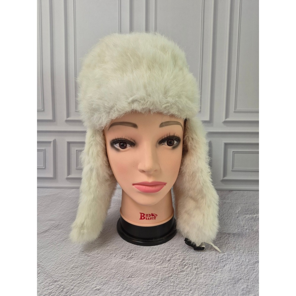 Mad‎ Bomber White Trapper Hat Genuine Rabbit Fur Trim Aviator Winter Cap Womens